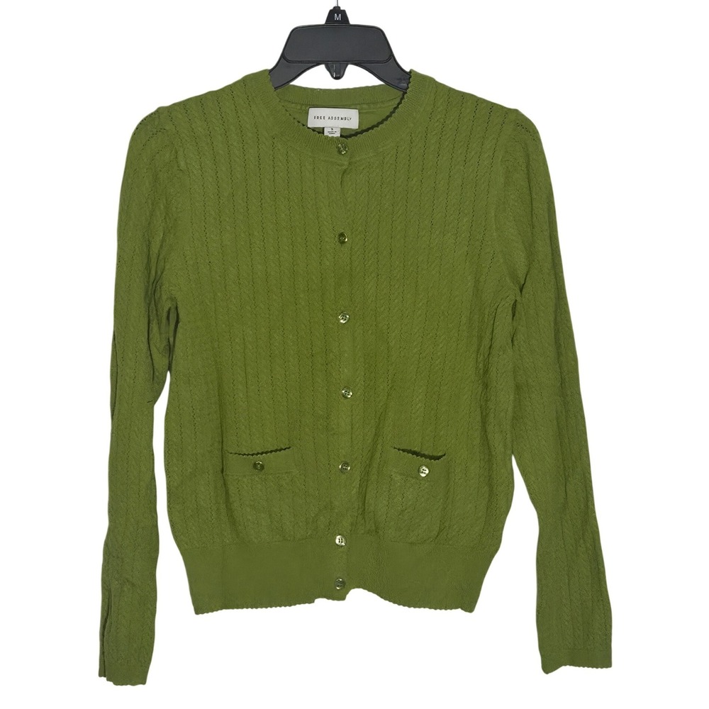 Free Assembly Womens Cardigan Sweater Green Cable Knit Button Front Pockets, S